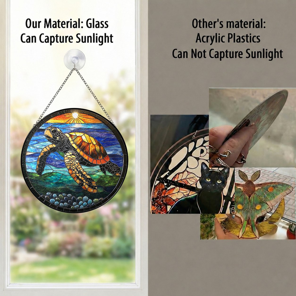 Real glass sea turtle suncatcher compared with acrylic