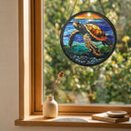 Sea turtle sunset suncatcher shown as window, garden, and balcony decor