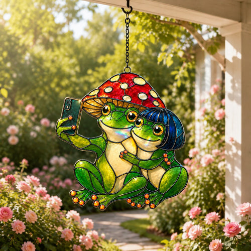 Selfie Frog Couple in Mushroom Hats Holographic Acrylic Suncatcher