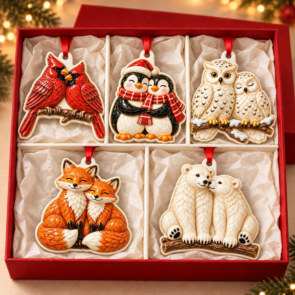 Side by Side couple animal Christmas ornaments, the Set of 5 in a red gift box: cardinal pair, penguin couple, snowy owl pair, fox couple and polar bear pair, enamel-look print on cut-shape ceramic