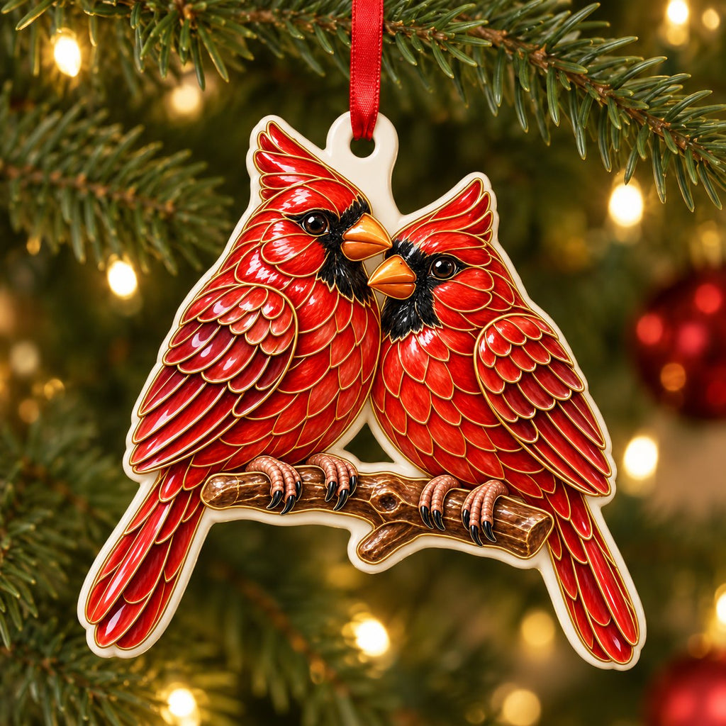 Cardinal Pair couple Christmas ornament, two red cardinals on a branch, enamel-look gold outlines, cut-shape ceramic, hanging on a Christmas tree