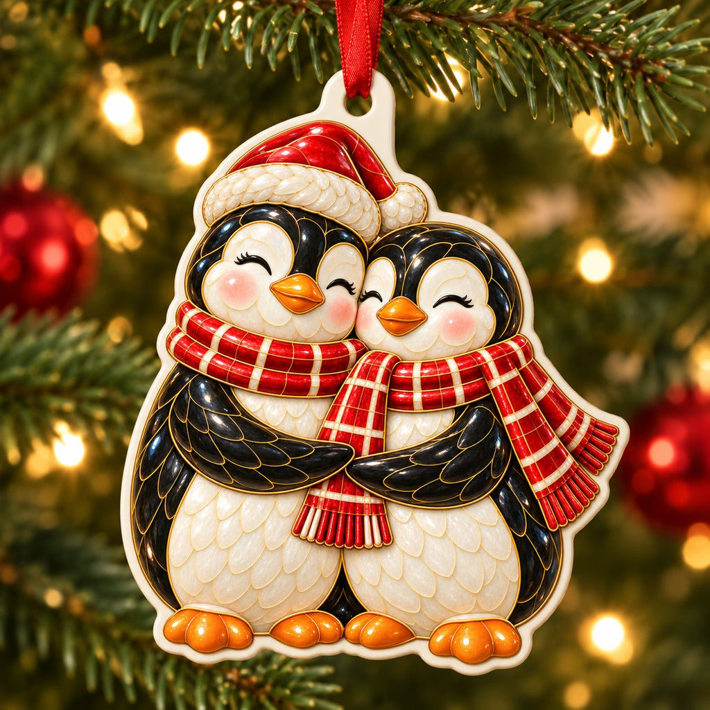 Penguin Couple Christmas ornament, two hugging penguins in red plaid scarves and a Santa hat, enamel-look print on cut-shape ceramic, hanging on a Christmas tree