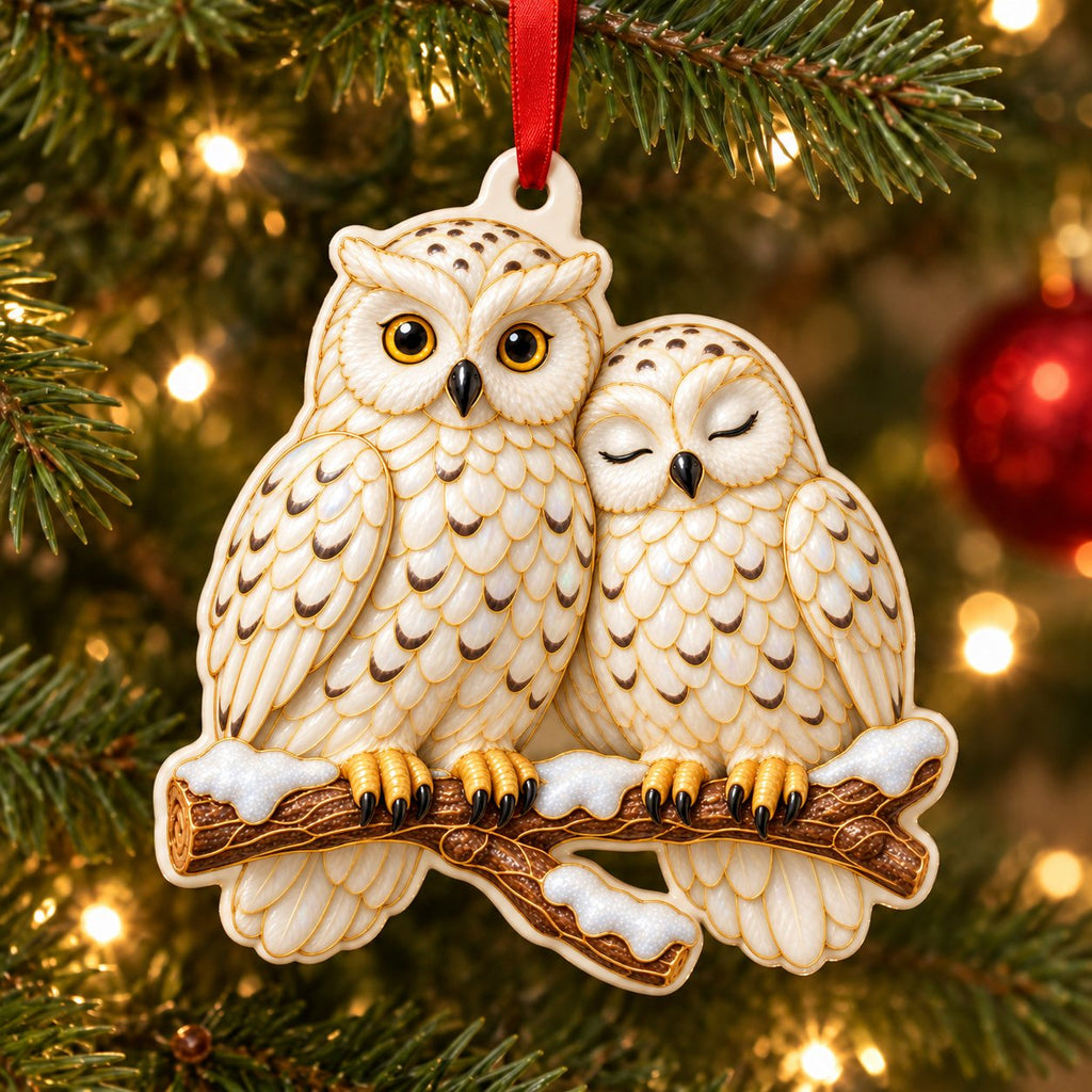Snowy Owl Pair couple Christmas ornament, two white owls on a snowy branch, enamel-look gold outlines, cut-shape ceramic, hanging on a Christmas tree