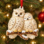 Snowy Owl Pair couple Christmas ornament, two white owls on a snowy branch, enamel-look gold outlines, cut-shape ceramic, hanging on a Christmas tree