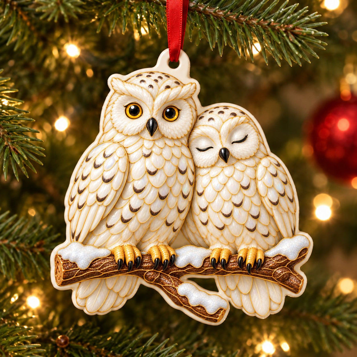 Snowy Owl Pair couple Christmas ornament, two white owls on a snowy branch, enamel-look gold outlines, cut-shape ceramic, hanging on a Christmas tree