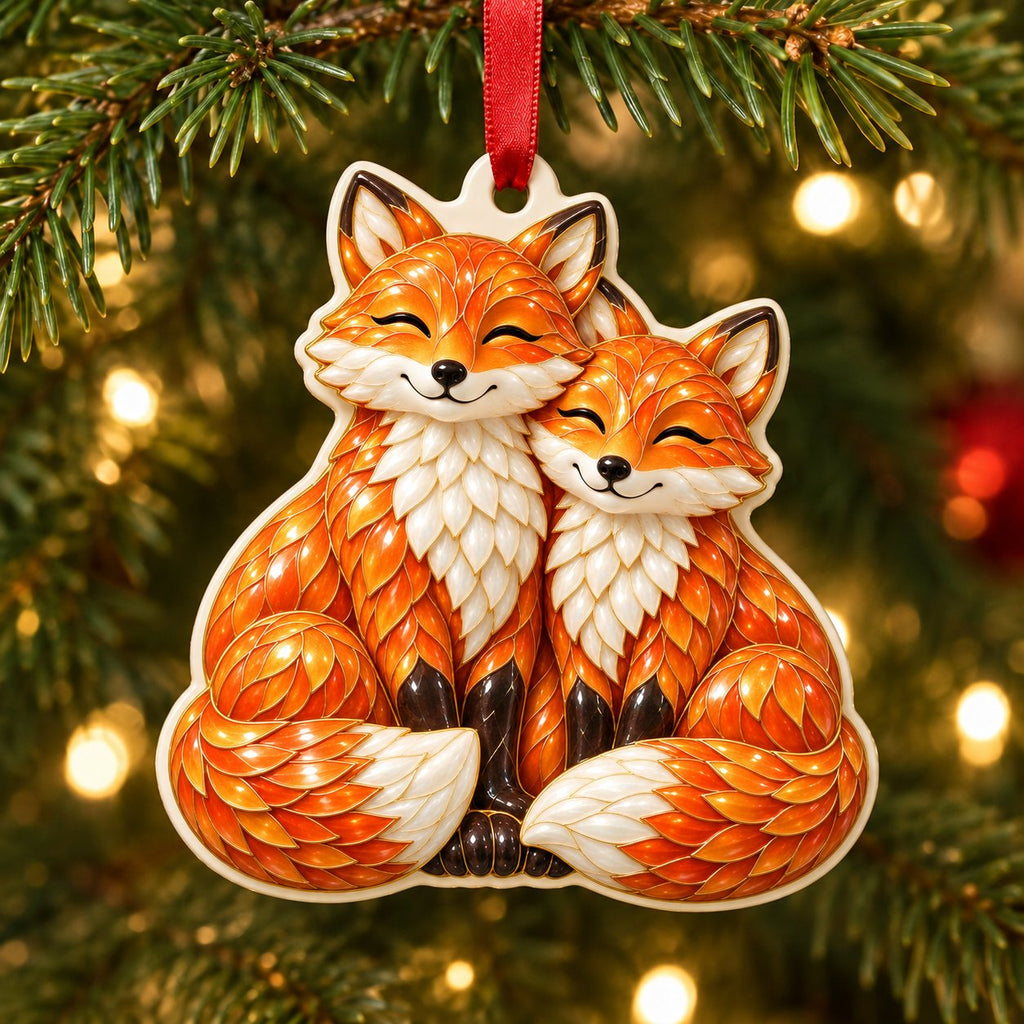 Fox Couple Christmas ornament, two orange foxes leaning together with curled tails, enamel-look print on cut-shape ceramic, hanging on a Christmas tree