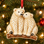 Polar Bear Pair couple Christmas ornament, two pearl-white bears nose to nose on a branch, enamel-look print on cut-shape ceramic, hanging on a Christmas tree