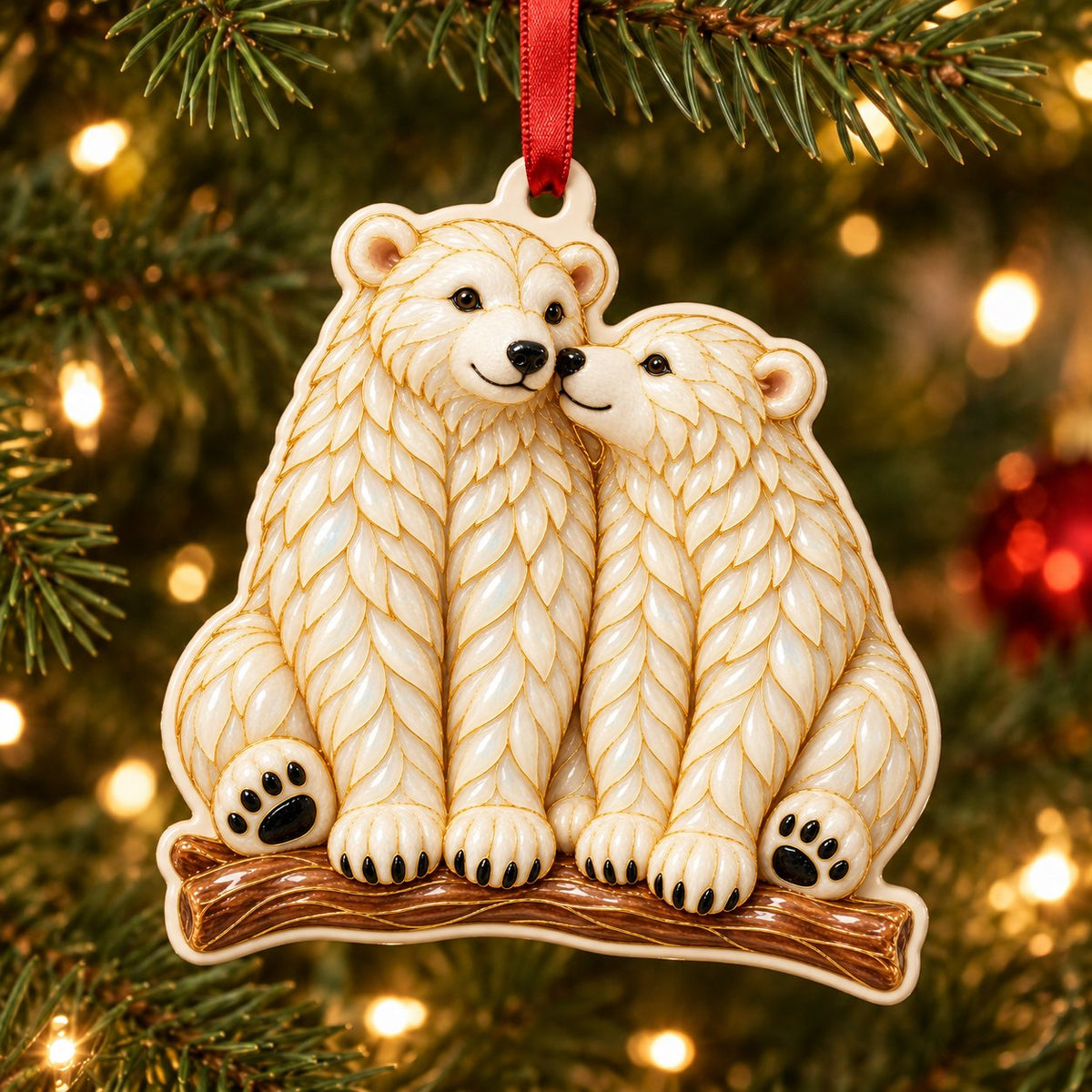 Polar Bear Pair couple Christmas ornament, two pearl-white bears nose to nose on a branch, enamel-look print on cut-shape ceramic, hanging on a Christmas tree
