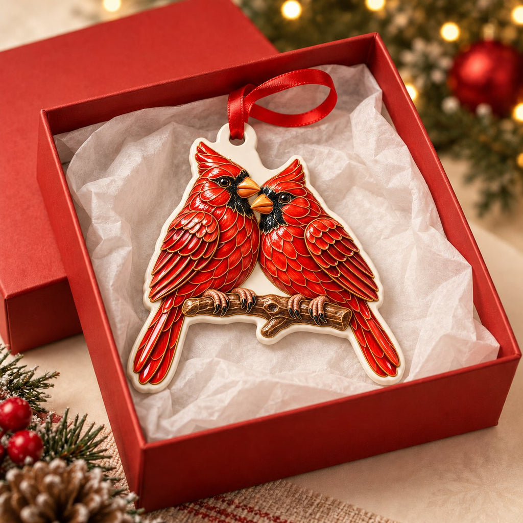 Cardinal Pair couple Christmas ornament in a red gift box with ivory tissue, enamel-look print on cut-shape ceramic