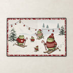 Skiing Frogs Christmas Doormat — Frogs in Santa Hats & Sweaters on Skis, Candy Cane Border, Non-Slip Welcome Mat