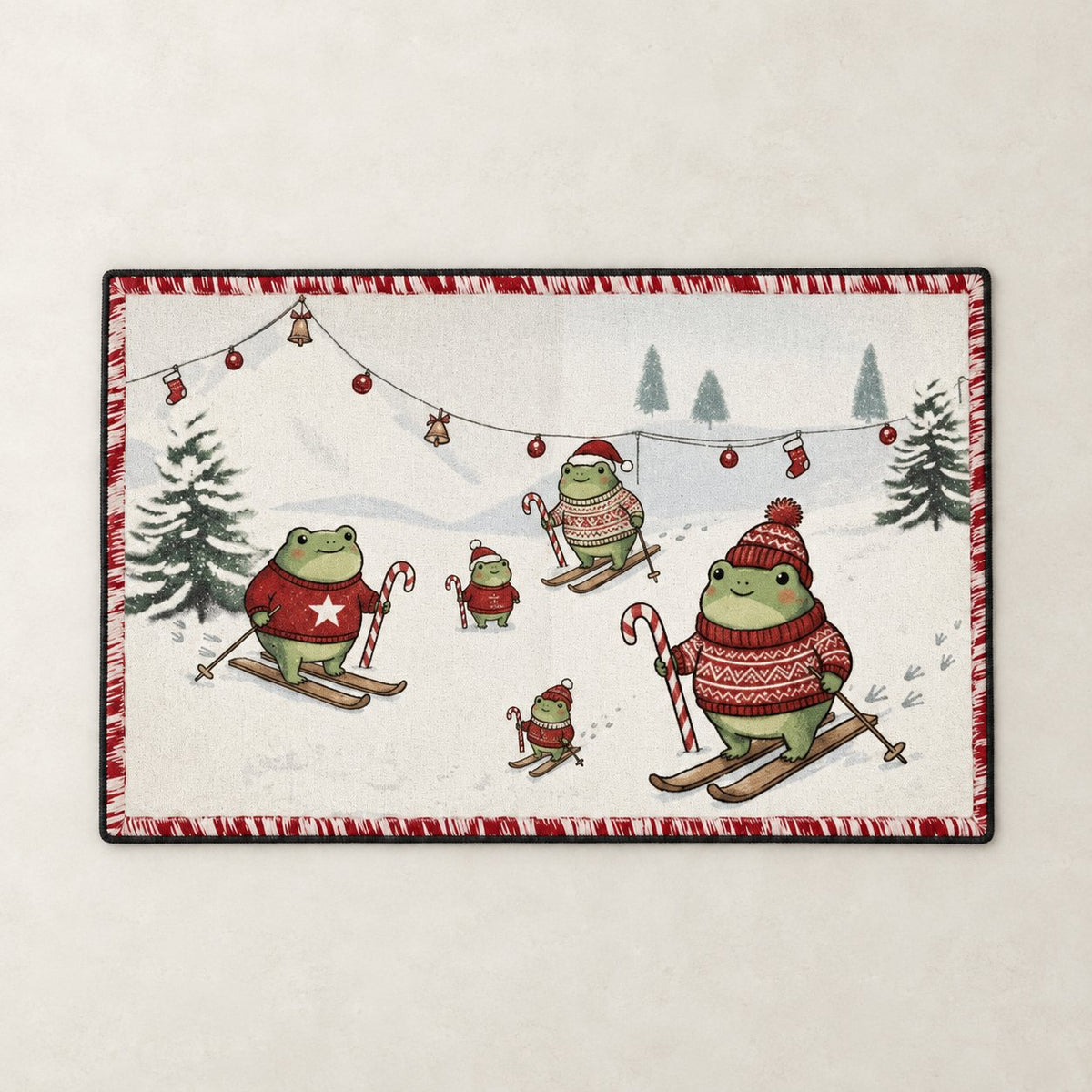 Skiing Frogs Christmas Doormat — Frogs in Santa Hats & Sweaters on Skis, Candy Cane Border, Non-Slip Welcome Mat