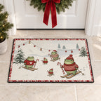 Skiing Frogs Christmas Doormat — Frogs in Santa Hats & Sweaters on Skis, Candy Cane Border, Non-Slip Welcome Mat