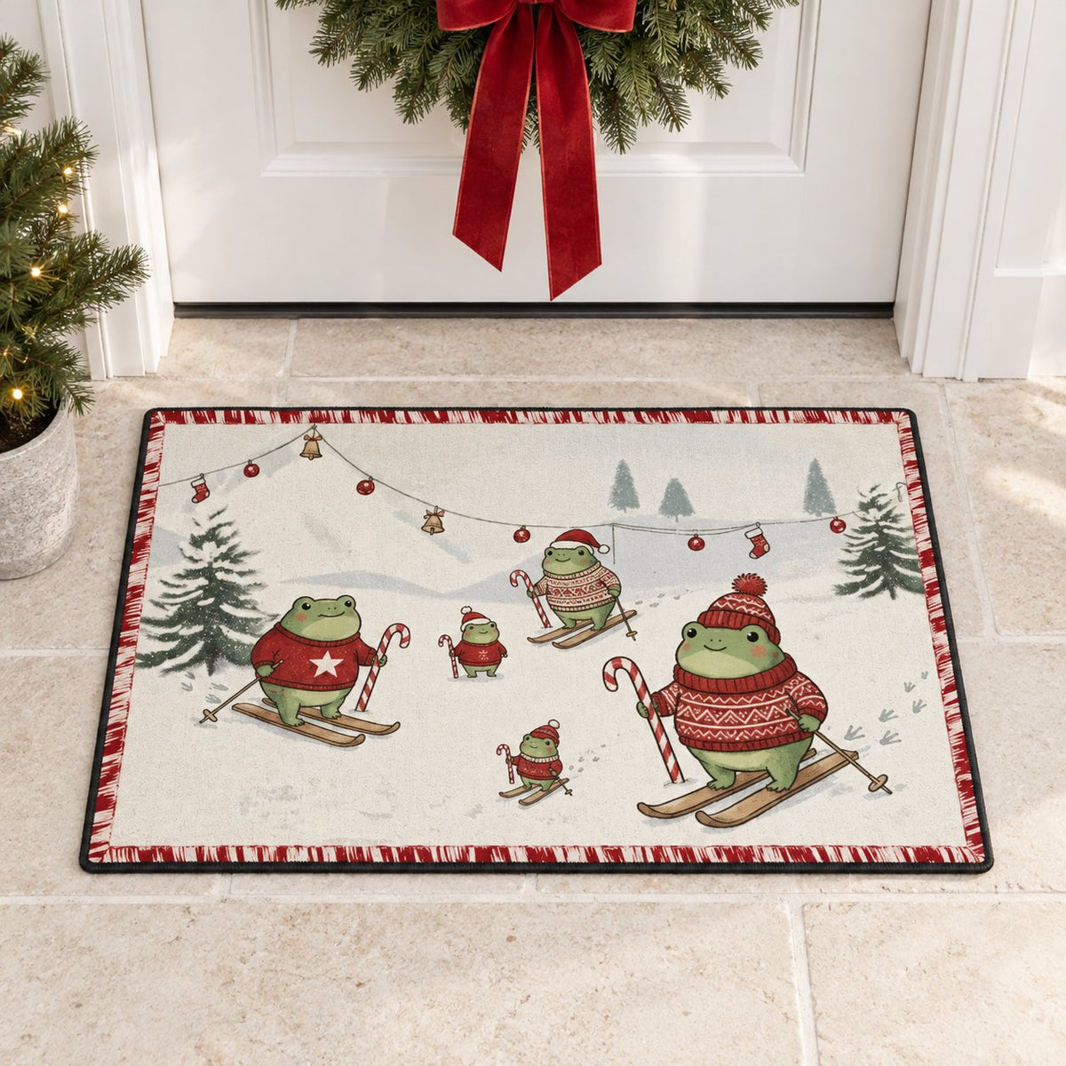 Skiing Frogs Christmas Doormat — Frogs in Santa Hats & Sweaters on Skis, Candy Cane Border, Non-Slip Welcome Mat