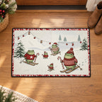 Skiing Frogs Christmas Doormat — Frogs in Santa Hats & Sweaters on Skis, Candy Cane Border, Non-Slip Welcome Mat