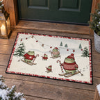 Skiing Frogs Christmas Doormat — Frogs in Santa Hats & Sweaters on Skis, Candy Cane Border, Non-Slip Welcome Mat