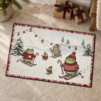Skiing Frogs Christmas Doormat — Frogs in Santa Hats & Sweaters on Skis, Candy Cane Border, Non-Slip Welcome Mat