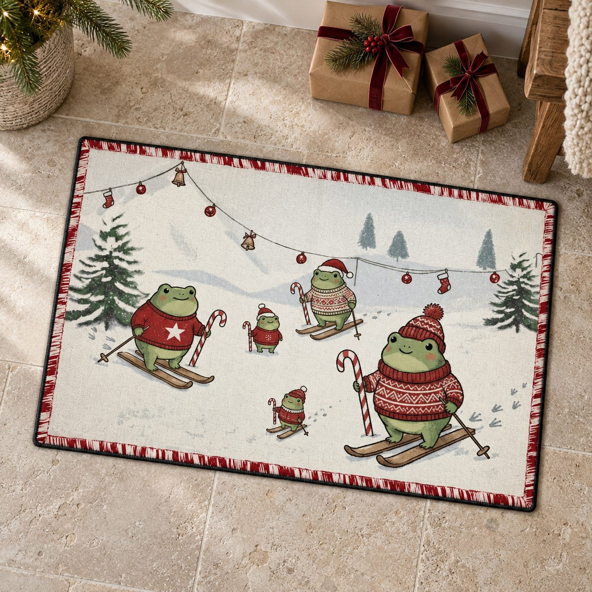 Skiing Frogs Christmas Doormat — Frogs in Santa Hats & Sweaters on Skis, Candy Cane Border, Non-Slip Welcome Mat