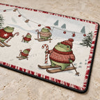 Skiing Frogs Christmas Doormat — Frogs in Santa Hats & Sweaters on Skis, Candy Cane Border, Non-Slip Welcome Mat
