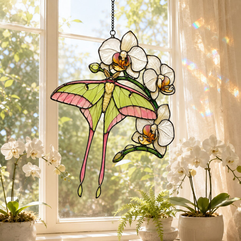 Luna Moth & White Orchid Holographic Acrylic Suncatcher