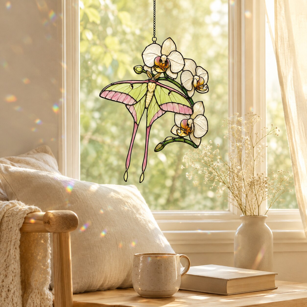 Luna Moth & White Orchid Holographic Acrylic Suncatcher