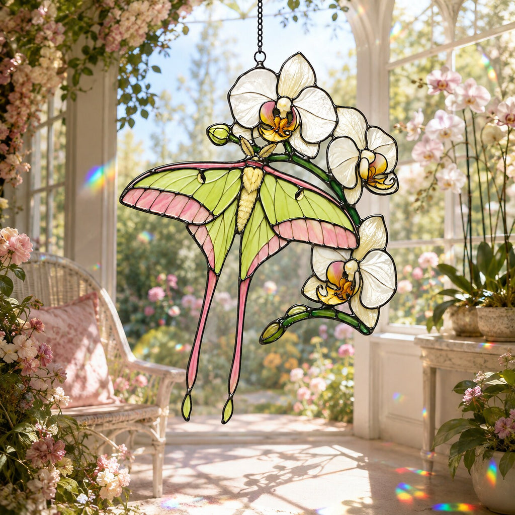 Luna Moth & White Orchid Holographic Acrylic Suncatcher