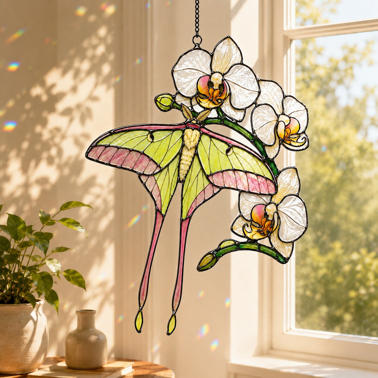 Luna Moth & White Orchid Holographic Acrylic Suncatcher