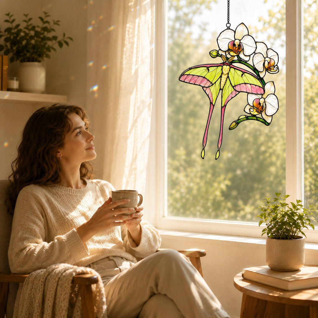 Luna Moth & White Orchid Holographic Acrylic Suncatcher