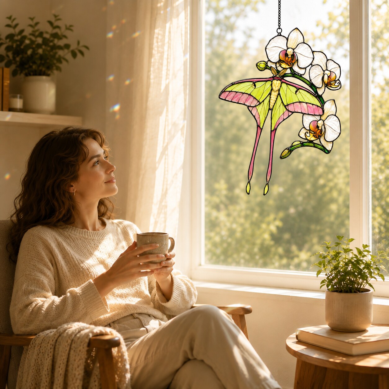 Luna Moth & White Orchid Holographic Acrylic Suncatcher
