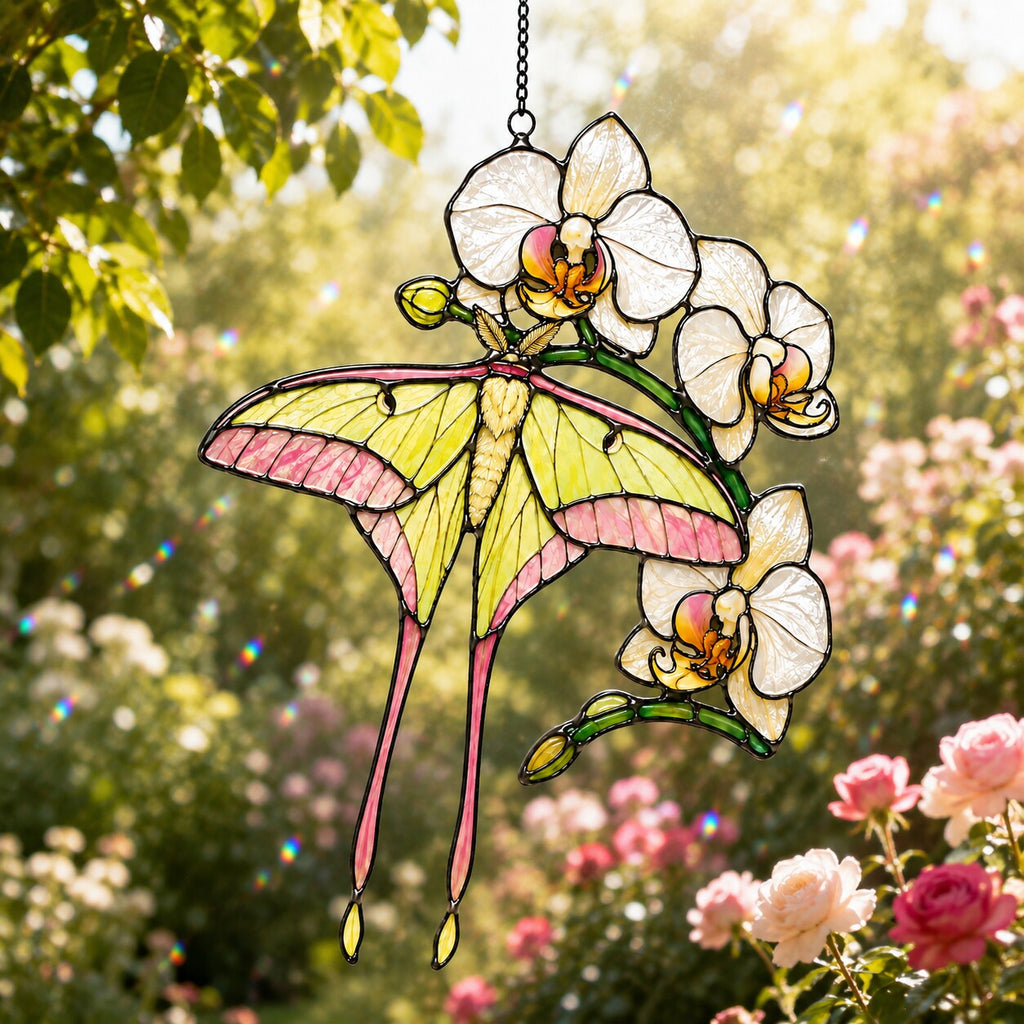 Luna Moth & White Orchid Holographic Acrylic Suncatcher