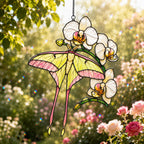 Luna Moth & White Orchid Holographic Acrylic Suncatcher