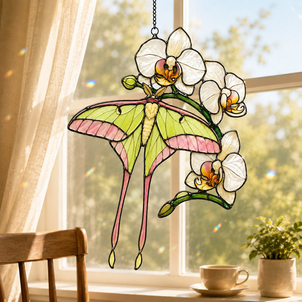 Luna Moth & White Orchid Holographic Acrylic Suncatcher