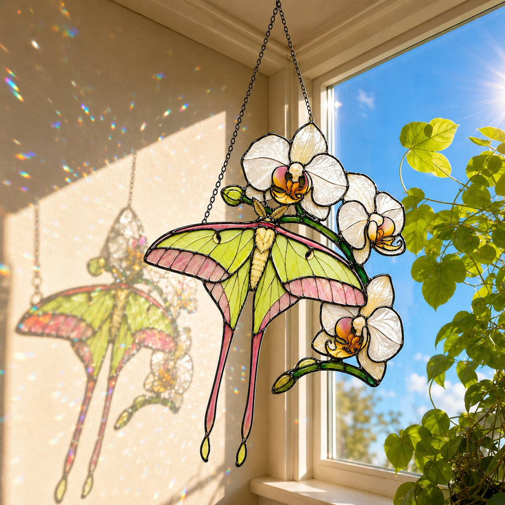 Luna Moth & White Orchid Holographic Acrylic Suncatcher