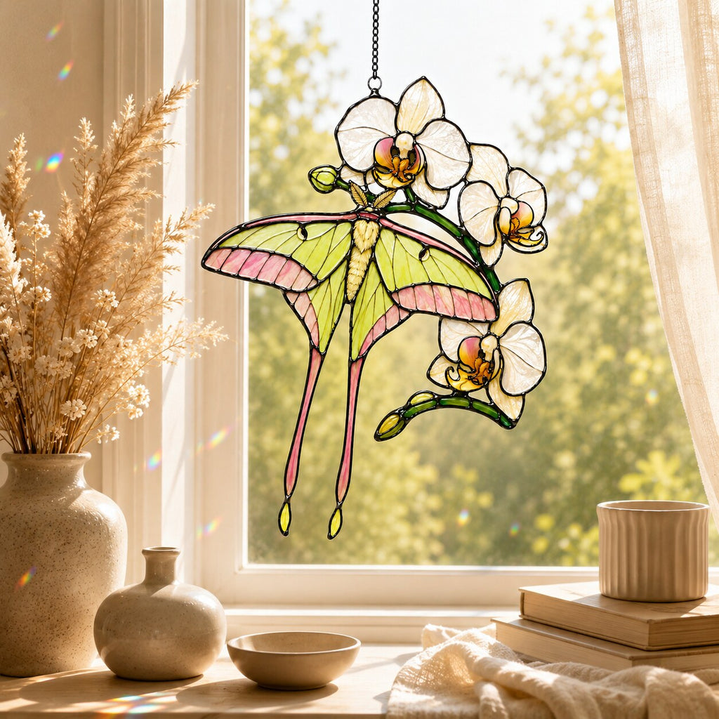 Luna Moth & White Orchid Holographic Acrylic Suncatcher