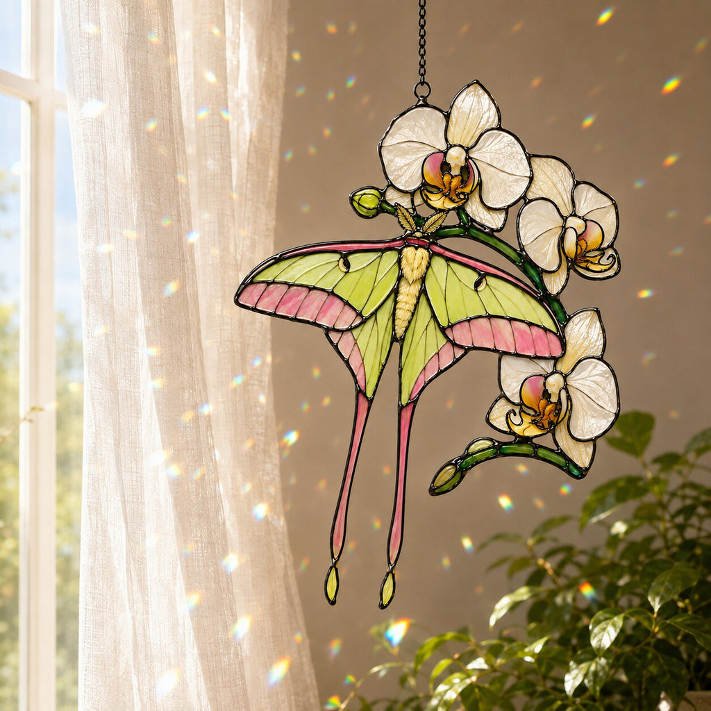 Luna Moth & White Orchid Holographic Acrylic Suncatcher