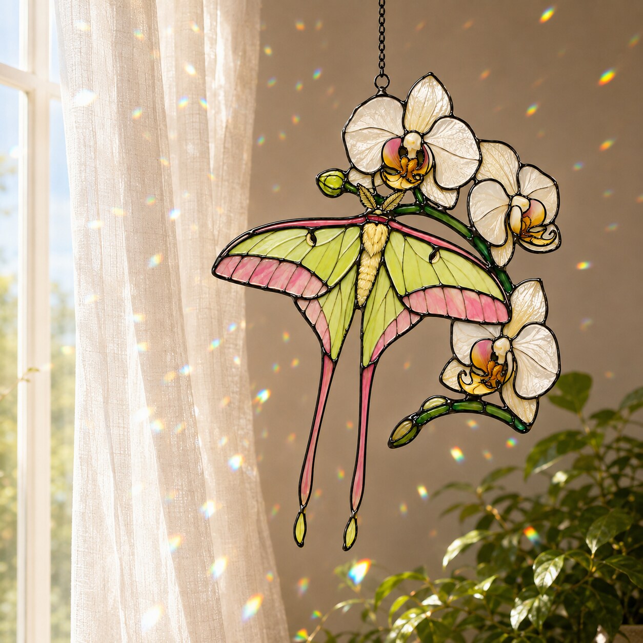 Luna Moth & White Orchid Holographic Acrylic Suncatcher