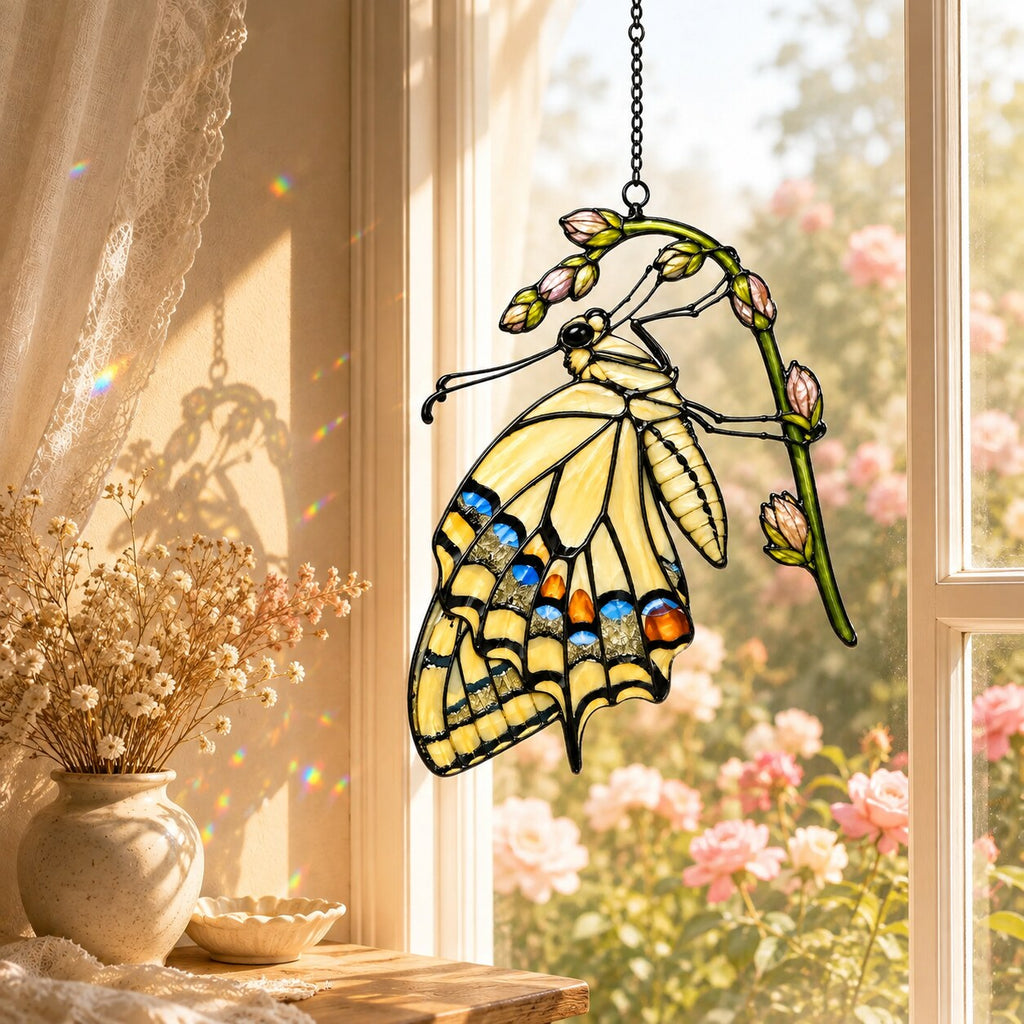 Swallowtail Butterfly & Rosebuds Holographic Acrylic Suncatcher