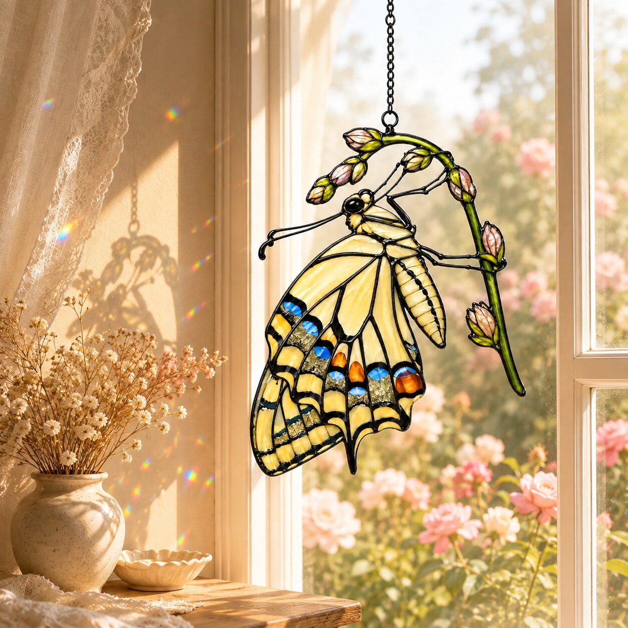 Swallowtail Butterfly & Rosebuds Holographic Acrylic Suncatcher