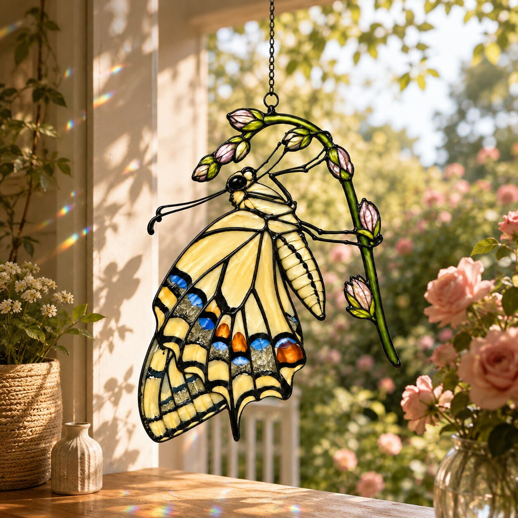 Swallowtail Butterfly & Rosebuds Holographic Acrylic Suncatcher