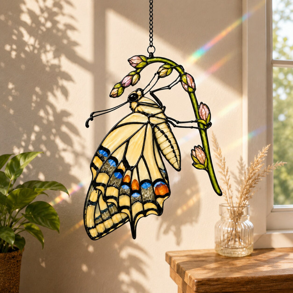 Swallowtail Butterfly & Rosebuds Holographic Acrylic Suncatcher