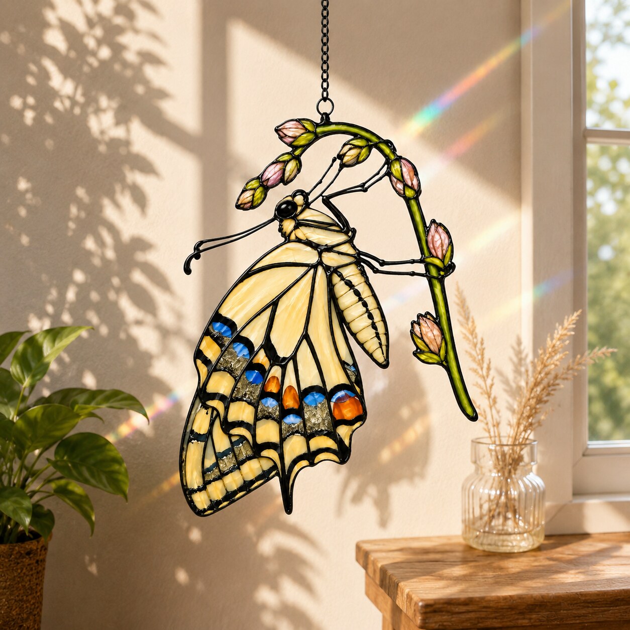 Swallowtail Butterfly & Rosebuds Holographic Acrylic Suncatcher