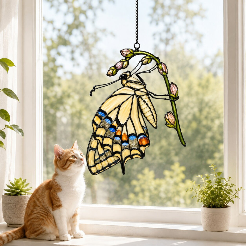 Swallowtail Butterfly & Rosebuds Holographic Acrylic Suncatcher
