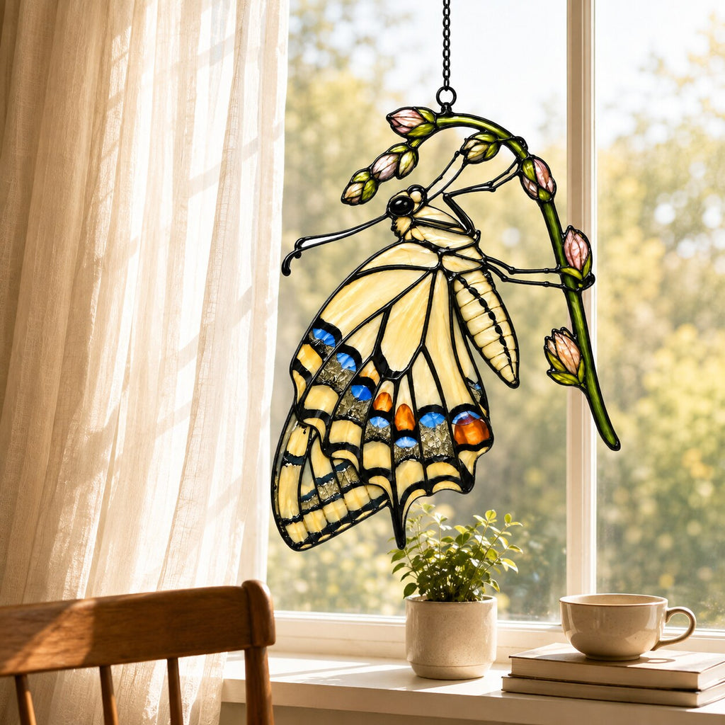 Swallowtail Butterfly & Rosebuds Holographic Acrylic Suncatcher