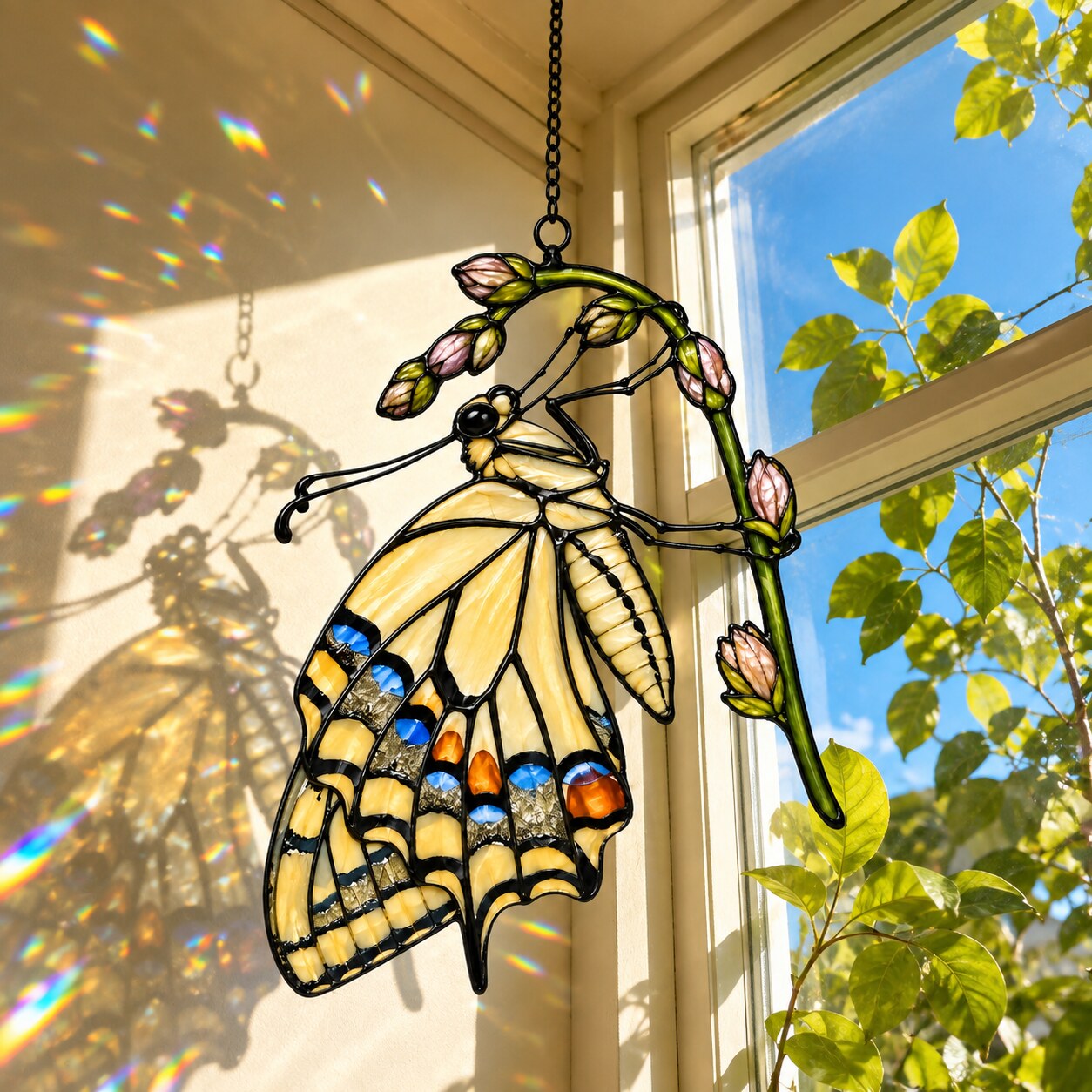 Swallowtail Butterfly & Rosebuds Holographic Acrylic Suncatcher