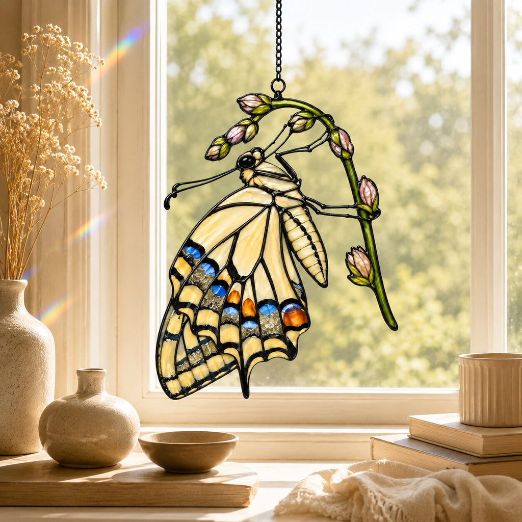 Swallowtail Butterfly & Rosebuds Holographic Acrylic Suncatcher
