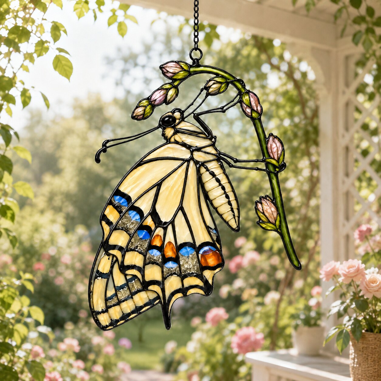 Swallowtail Butterfly & Rosebuds Holographic Acrylic Suncatcher