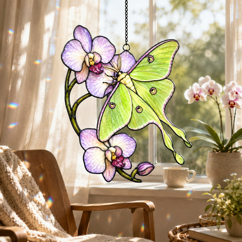 Luna Moth & Purple Orchid Holographic Acrylic Suncatcher