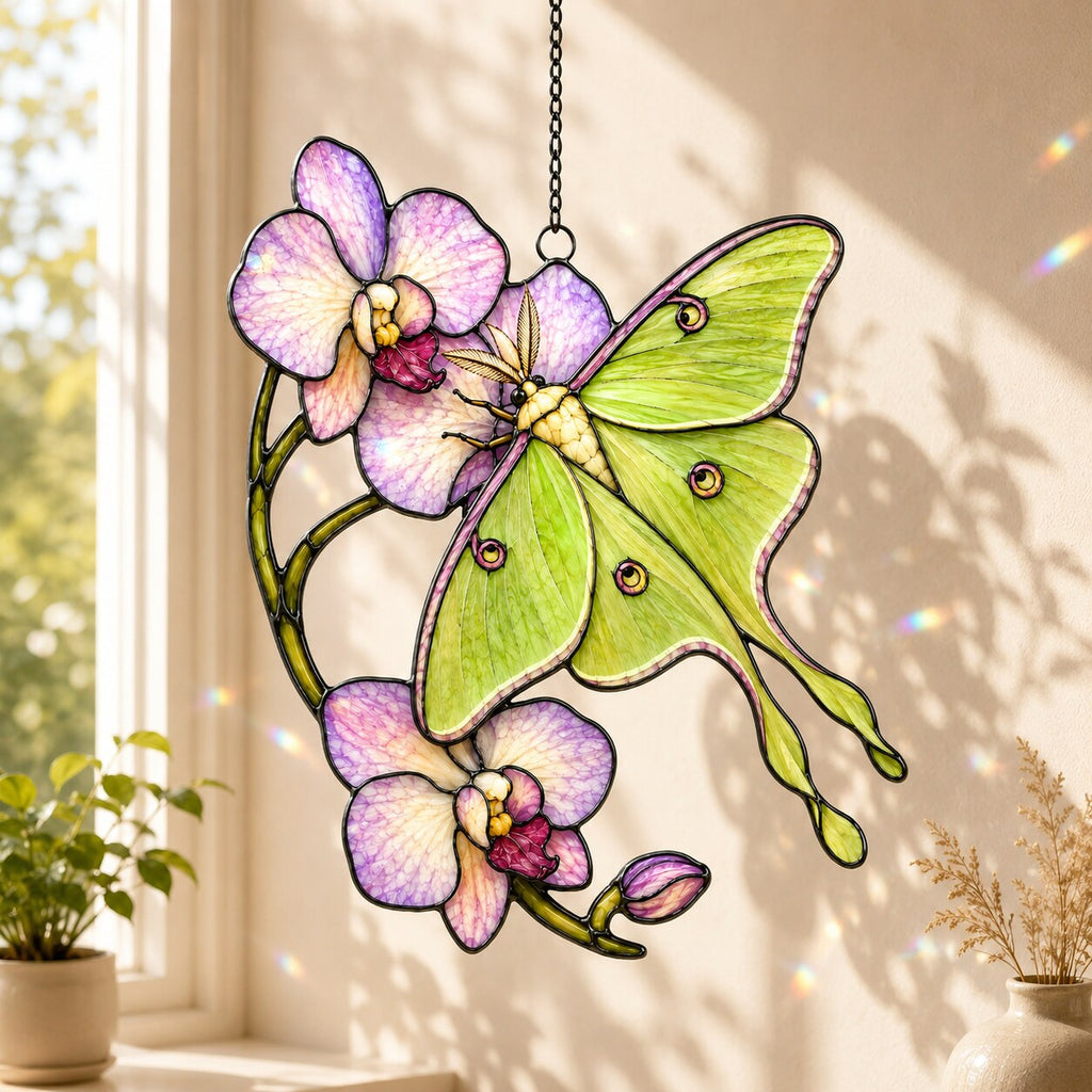 Luna Moth & Purple Orchid Holographic Acrylic Suncatcher