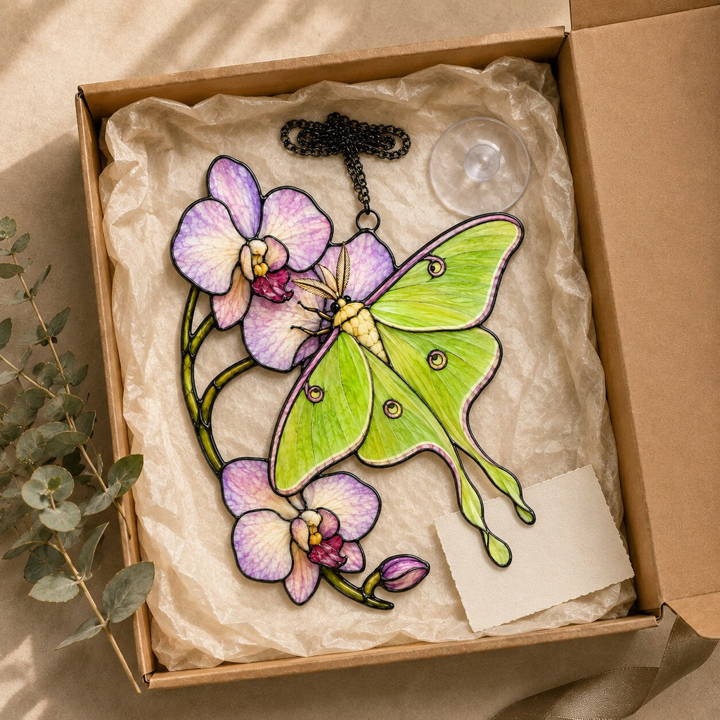 Luna Moth & Purple Orchid Holographic Acrylic Suncatcher