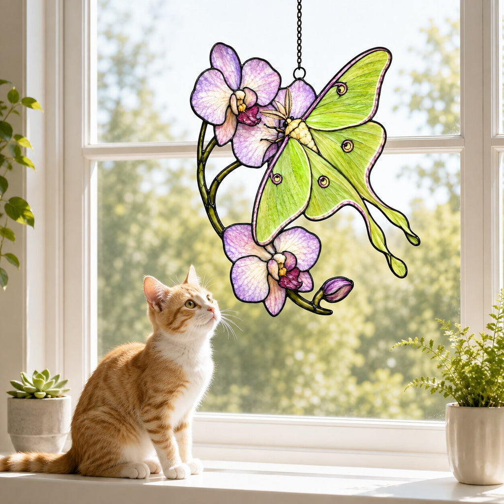 Luna Moth & Purple Orchid Holographic Acrylic Suncatcher