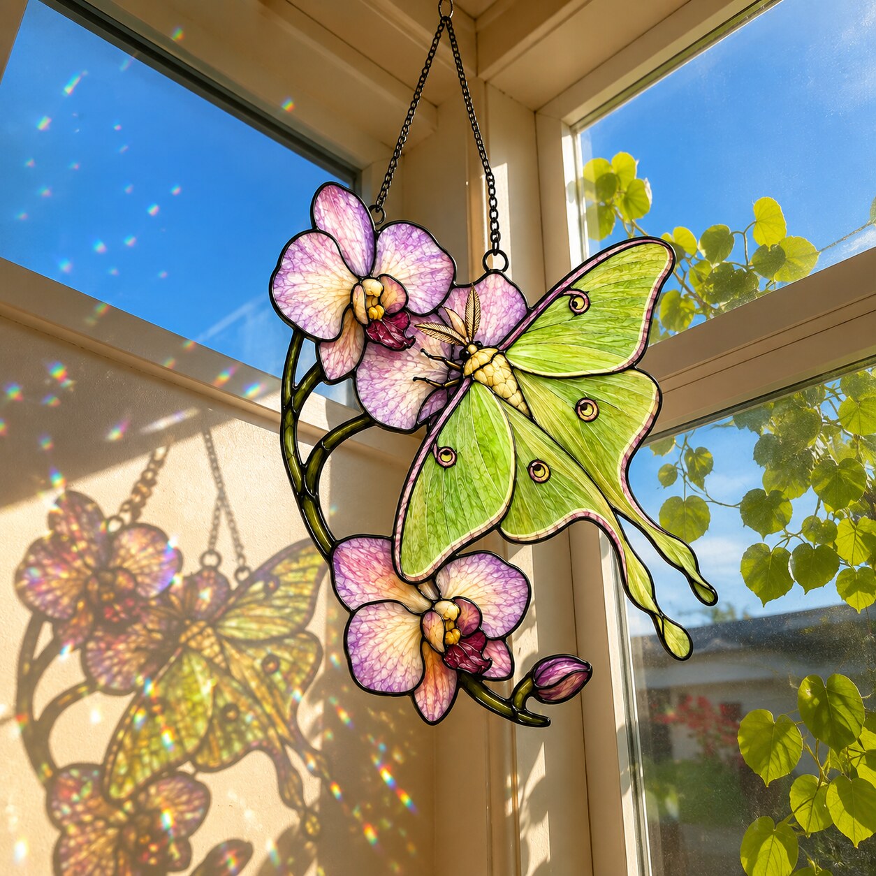 Luna Moth & Purple Orchid Holographic Acrylic Suncatcher